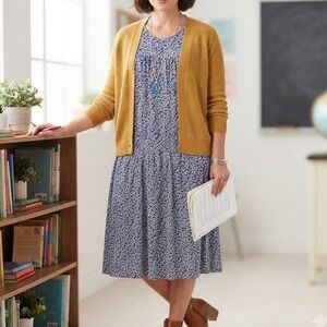 Boden midi Dress 14 navy ditsy Floral Viscose jersey Knit ruffle pockets